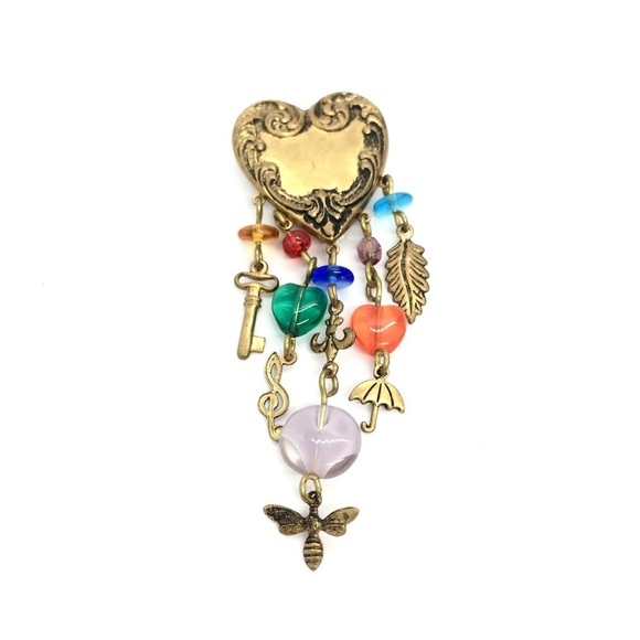 3/$30 VINTAGE HEART BROOCH PIN CHARMS KEY TREBLE CLEF BUMBLE BEE UMBRELLA LEAF - Picture 7 of 11